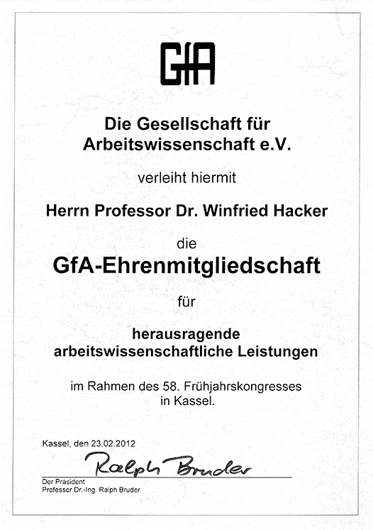 GfA Ehrenurkunde für besondere Verdienste in der Arbeitswissenschaft